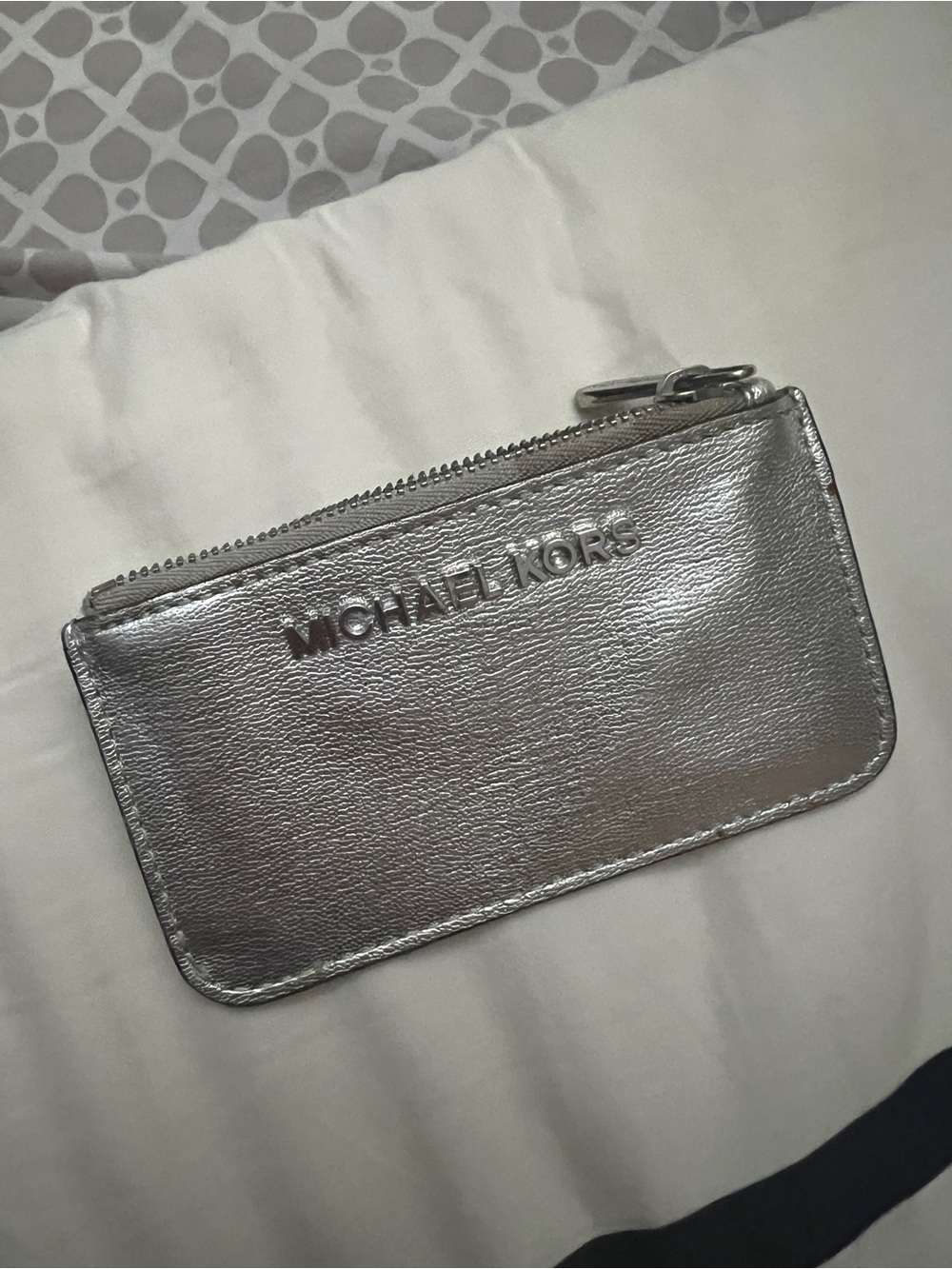 Michael Kors Silver Metallic Leather Zip Card Case